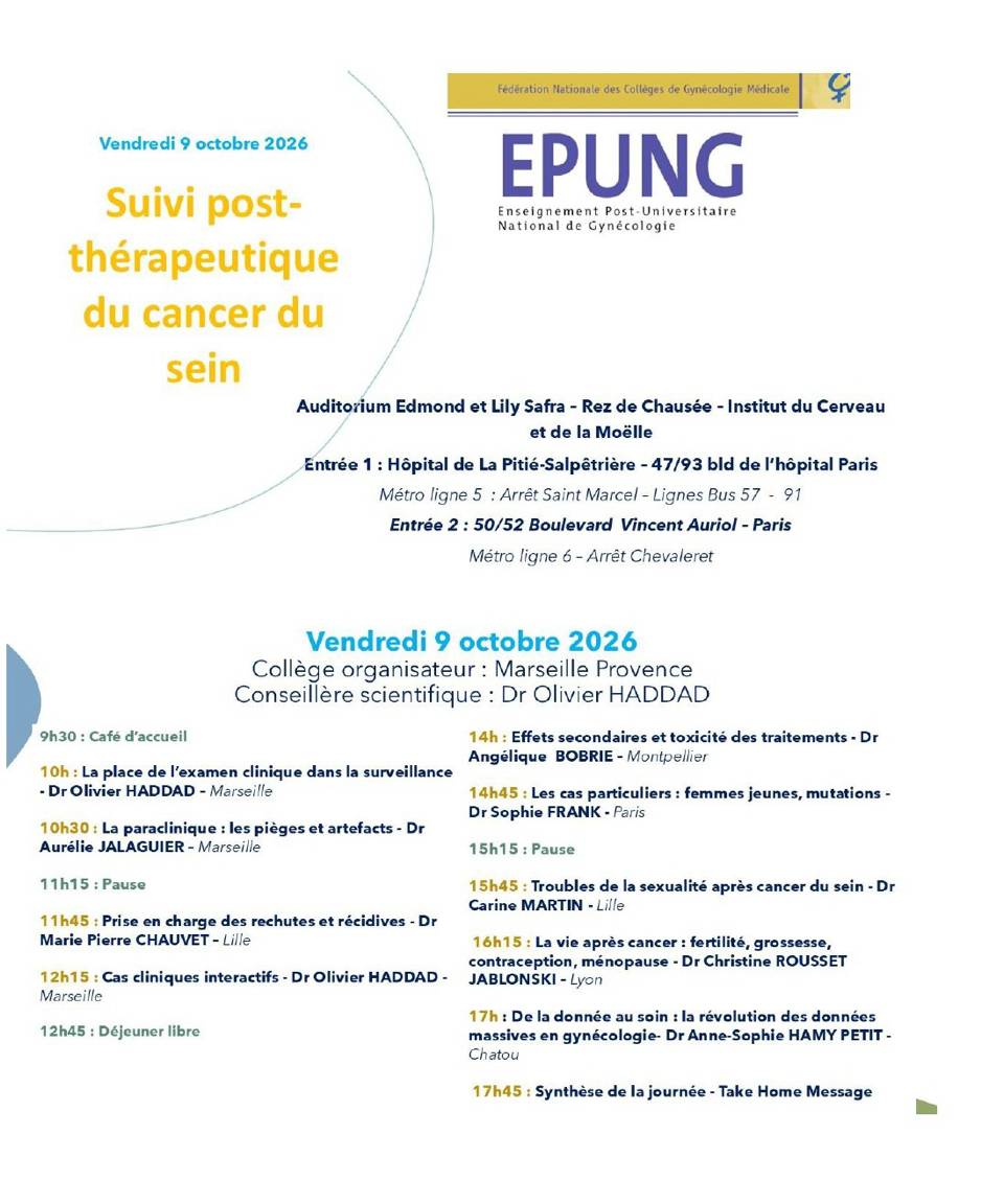 Programme de la journ&eacute;e EPUNG du 9 octobre 2026 sur le suivi post-th&eacute;rapeutique du cancer du sein, H&ocirc;pital de la Piti&eacute;-Salp&ecirc;tri&egrave;re &agrave; Paris